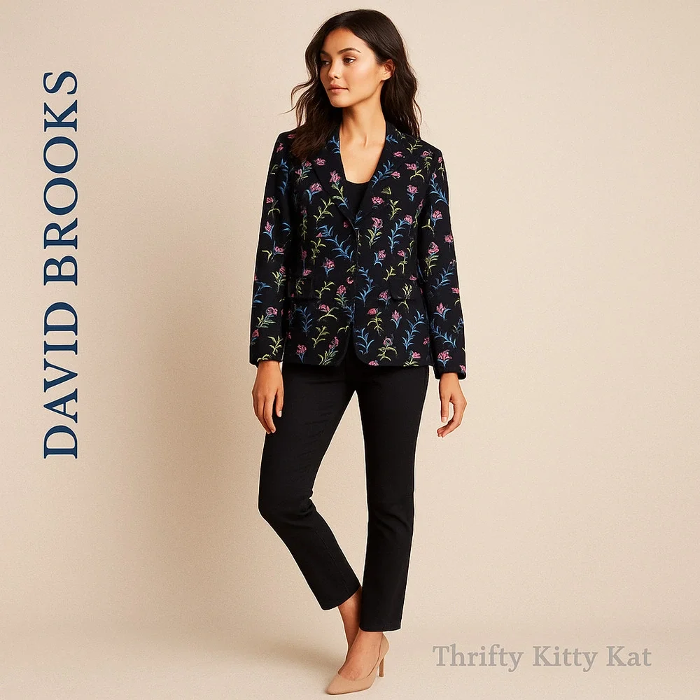 David Brooks Embroidered Blazer Notch Lapel Black 10 Vintage Dark Academia‎ Boho